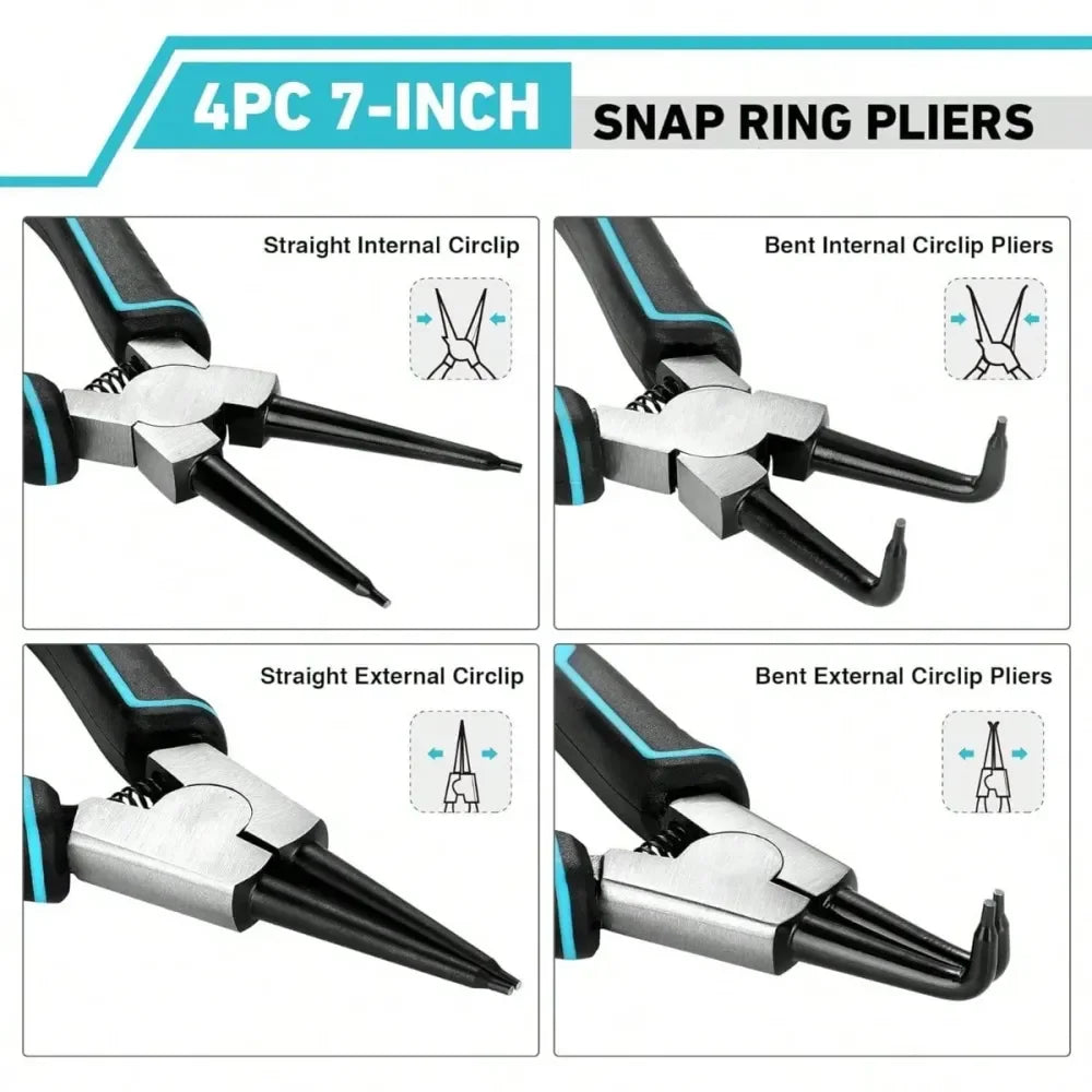 PCS Snap Ring Pliers Set, 7 Inch Heavy Duty Internal External Circlip Pliers Kit With Straight Bent Jaw, Premium CRV Steel, Pre