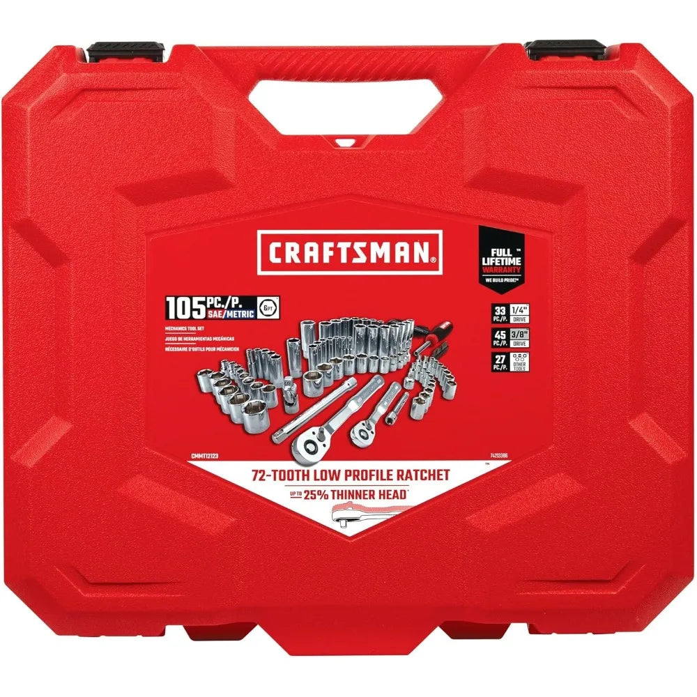Mechanics Tool Set 105 Pcs, Standard (SAE) and Metric with Case , 1/4 and 3/8 Inch Drive Car Tool Kit( CMMT12123)