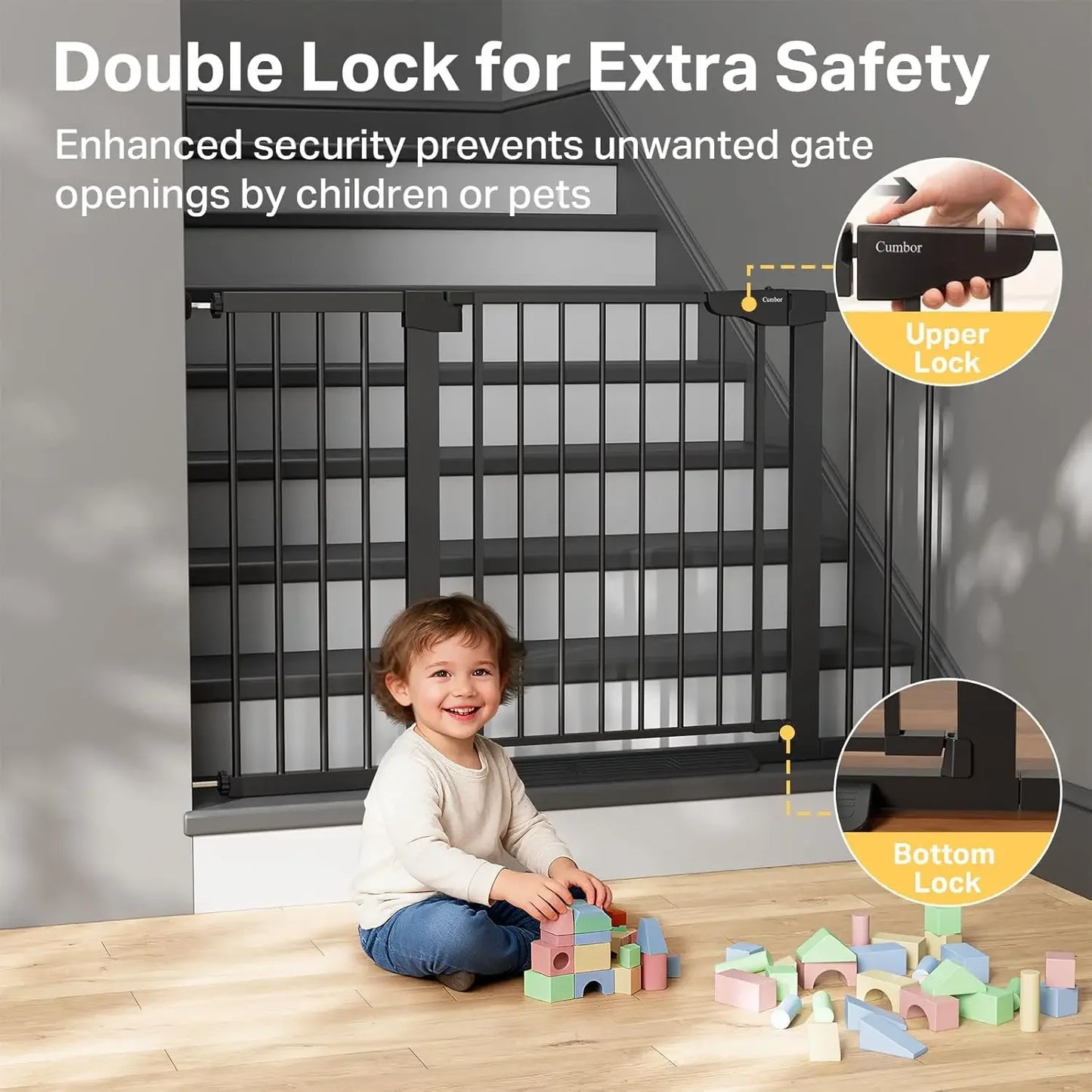 29.7"–51.5" Extra Wide Baby Gate for Stairs, Pressure-Mounted Dog Gates for Doorways & Hallways, Auto-Close Walk-Through, No-Tri