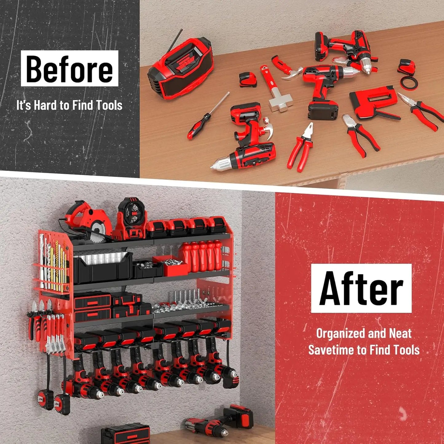 Metal Power Tool Organizer Wall Mount with Screwdriver Holder, Garage Storage Shelves for Drills and Pliers in Red
