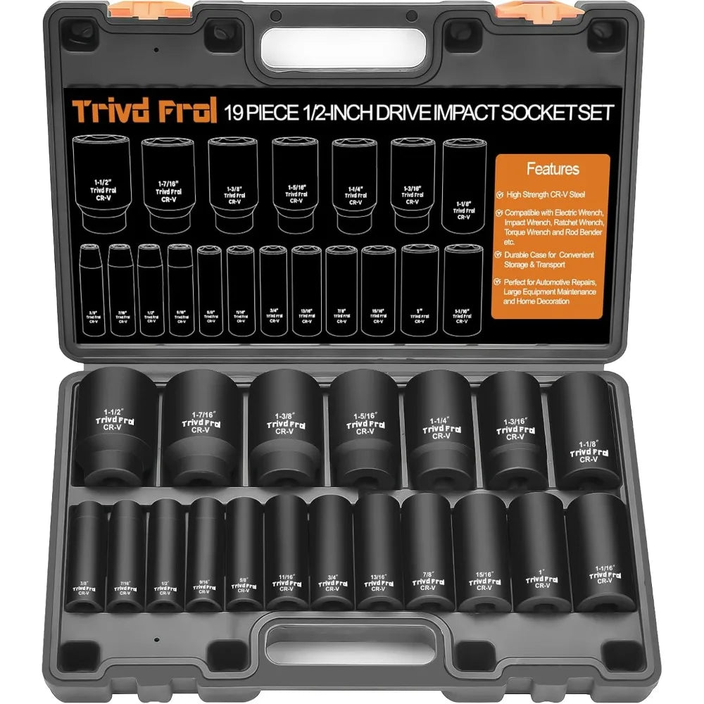 SAE Impact Socket Set - 1/2' Drive, 19pc Deep Socket Set 3/8' to 1-1/2', Cr-V Steel, Double Lock Case