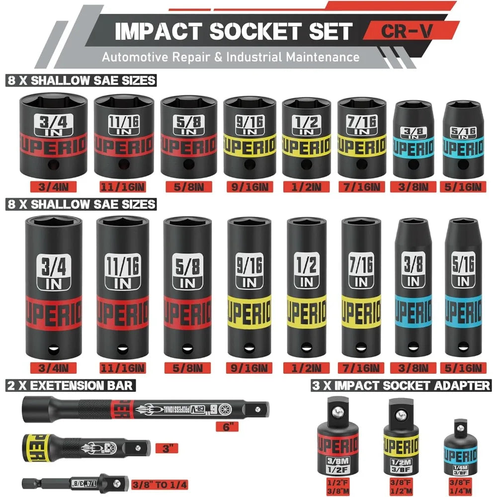 50 Piece 3/8' Drive Impact Socket Set, SAE (5/16'-3/4') and Metric (7 mm-19 mm), Deep & Shallow