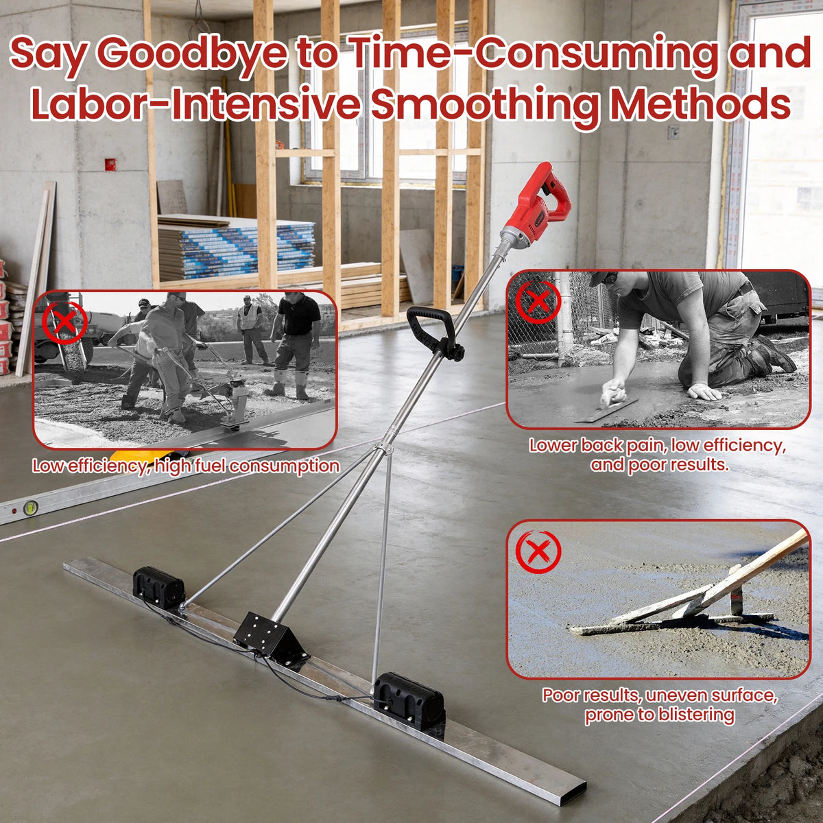 Electric Concrete Screed Vibrator, Cordless Battery Powered Cement Leveling Ruler – Concrete Finishing Tool with Stainless Steel Plate for Road, Sidewalk, Floor