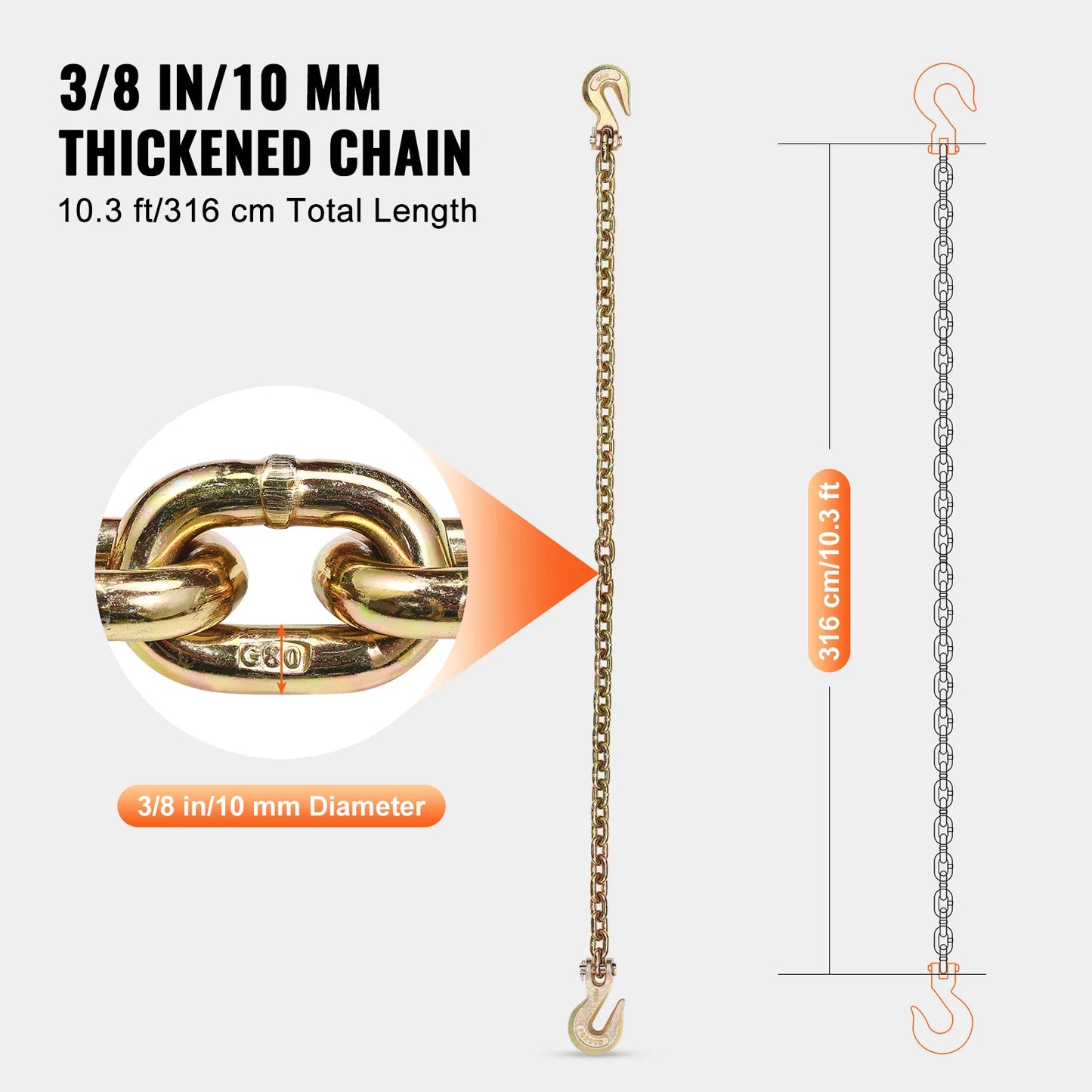SucceBuy 2-Pack G80 Transport Binder Chain 3/8" 5/16" Tow Chain with Clevis Hook Logging Chain for Towing Truck Tie Down Binding
