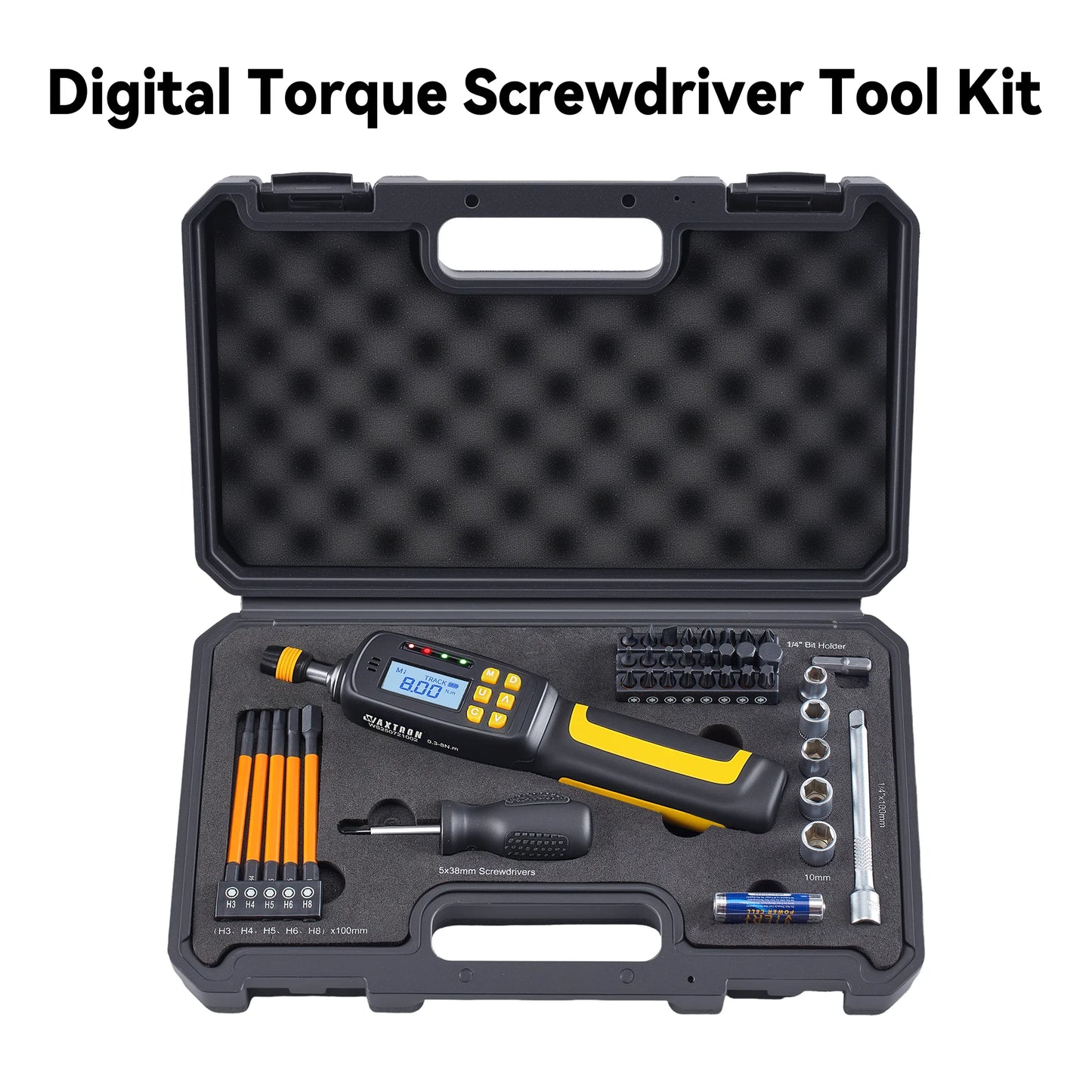 Digital Torque Screwdriver Kit 2.6-70.8 in-lbs Adjustable Torque Screwdriver 1/4" Drive 38PCS Bits & Sockets Set For Bike