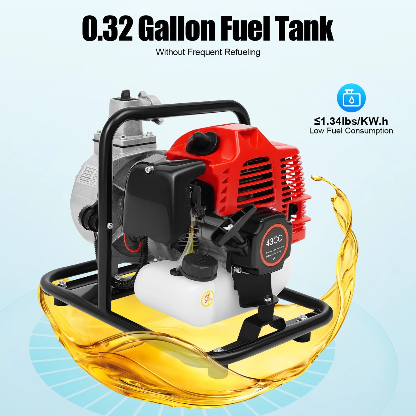 1.25KW Gasoline Engine Water Pump, 2-stroke Engine Water Pump, 43CC Water Transfer Pump for Irrigation Landscaping