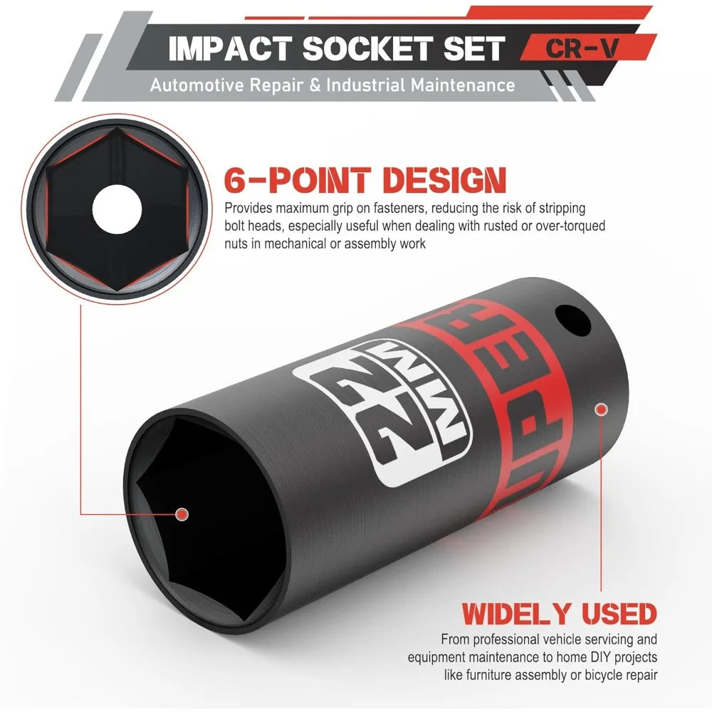 50 Piece 3/8' Drive Impact Socket Set, SAE (5/16'-3/4') and Metric (7 mm-19 mm), Deep & Shallow