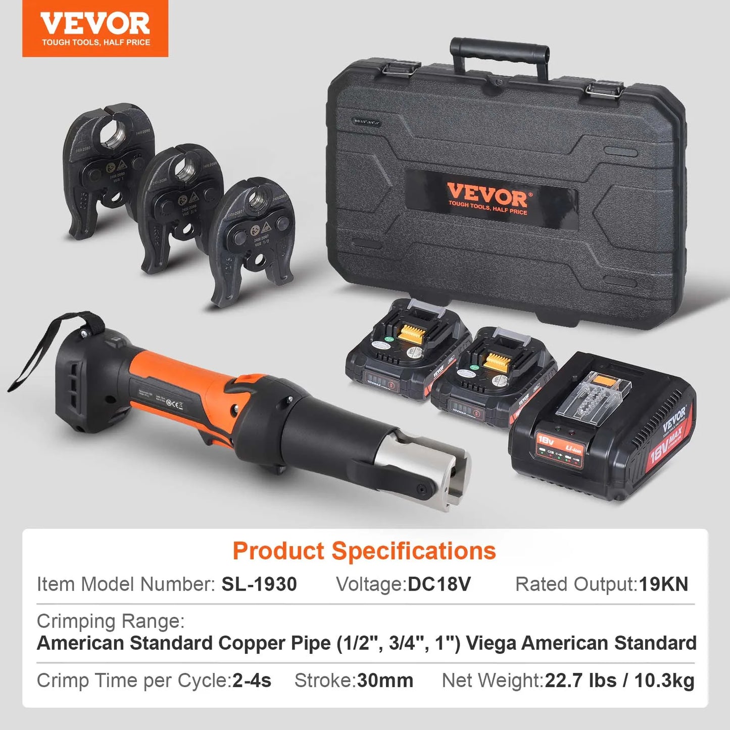 SucceBuy Mini Pro Press Tool 18V Electric Pipe Crimping Tool for 1/2" 3/4" 1" Copper Pipes Press Tool Kit w/ 3 Jaws 2pcs Battery