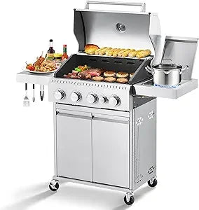 Stainless Steel 4 Burner BBQ Propane Gas Grill with Cast Iron Grates & Side Stove, Stainless Steel 44000 BTU Burner Barbecue Gr