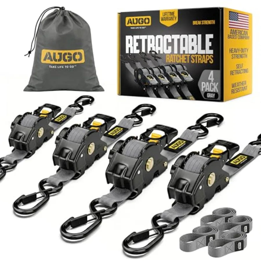 Retractable Ratchet Straps 2 Heavy Duty Ratchet Straps Self Retractable Tie Downs with Soft Loops and Storage Bag for Motorcycl