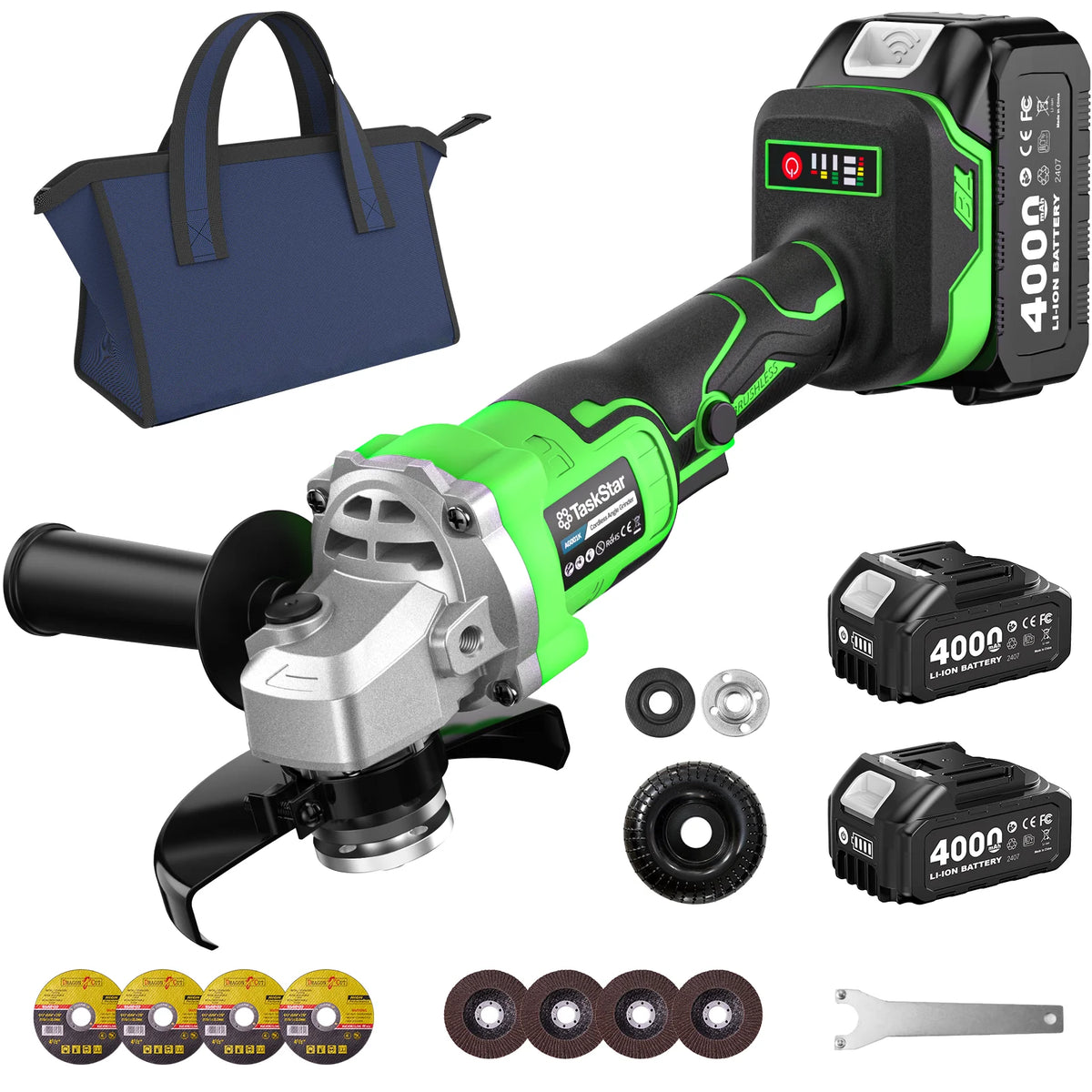 TaskStar Cordless Angle Grinder With Two Batteries And Accessories