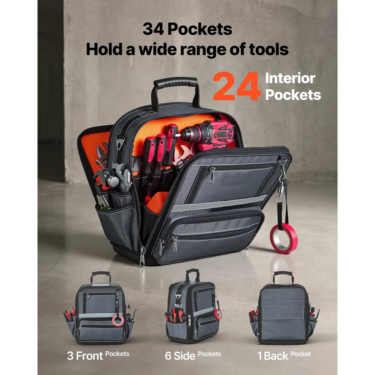 SucceBuy 34-Pocket Portable Tool Bag 13.2in Tool Pouch with Plastic Base Toolbox Garage Organizer Storage for Electrician Tools