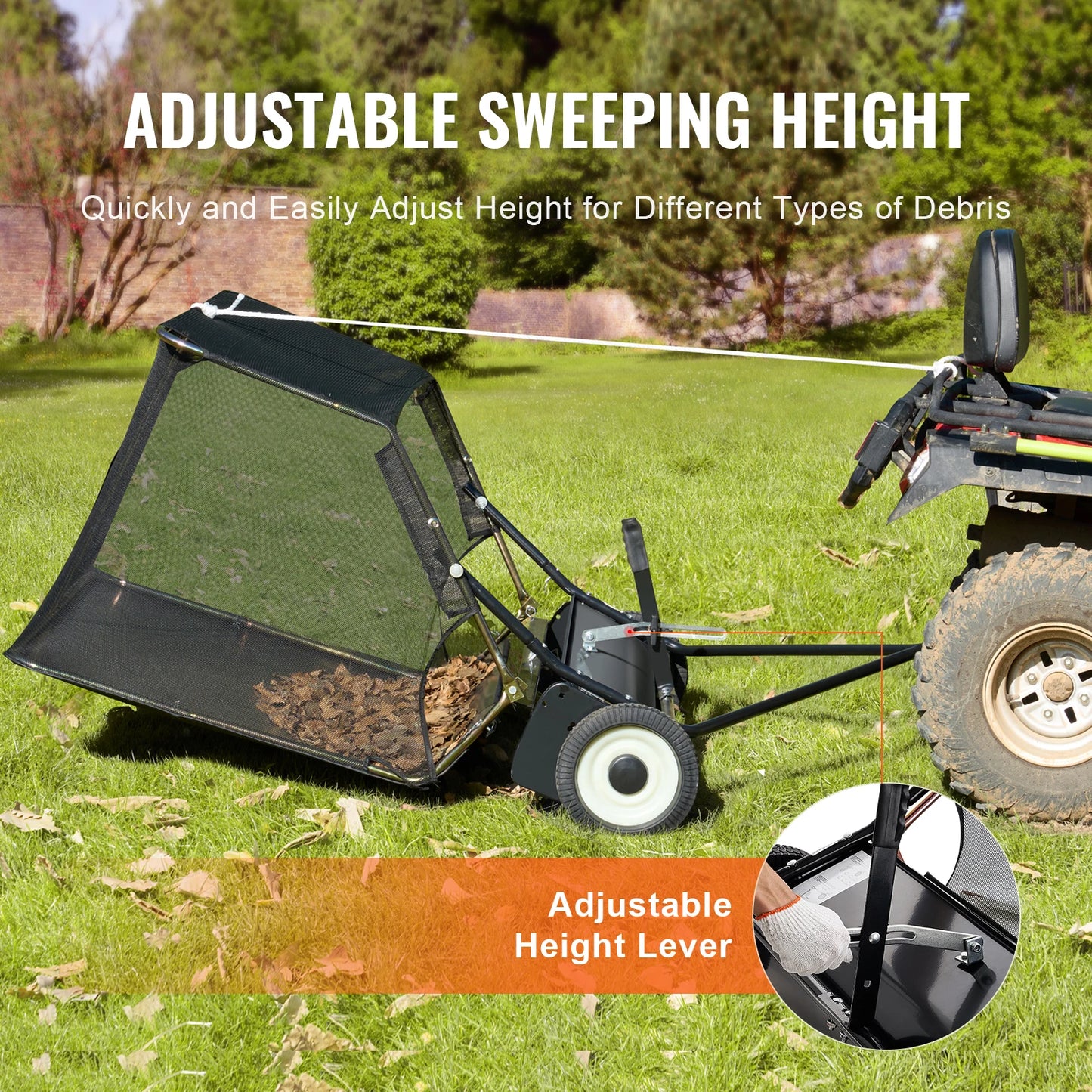SucceBuy Lawn Sweeper Tow Behind Large Pull Behind Grass Sweeper with Dump Rope Adjustable Sweeping Height for Picking Up Grass