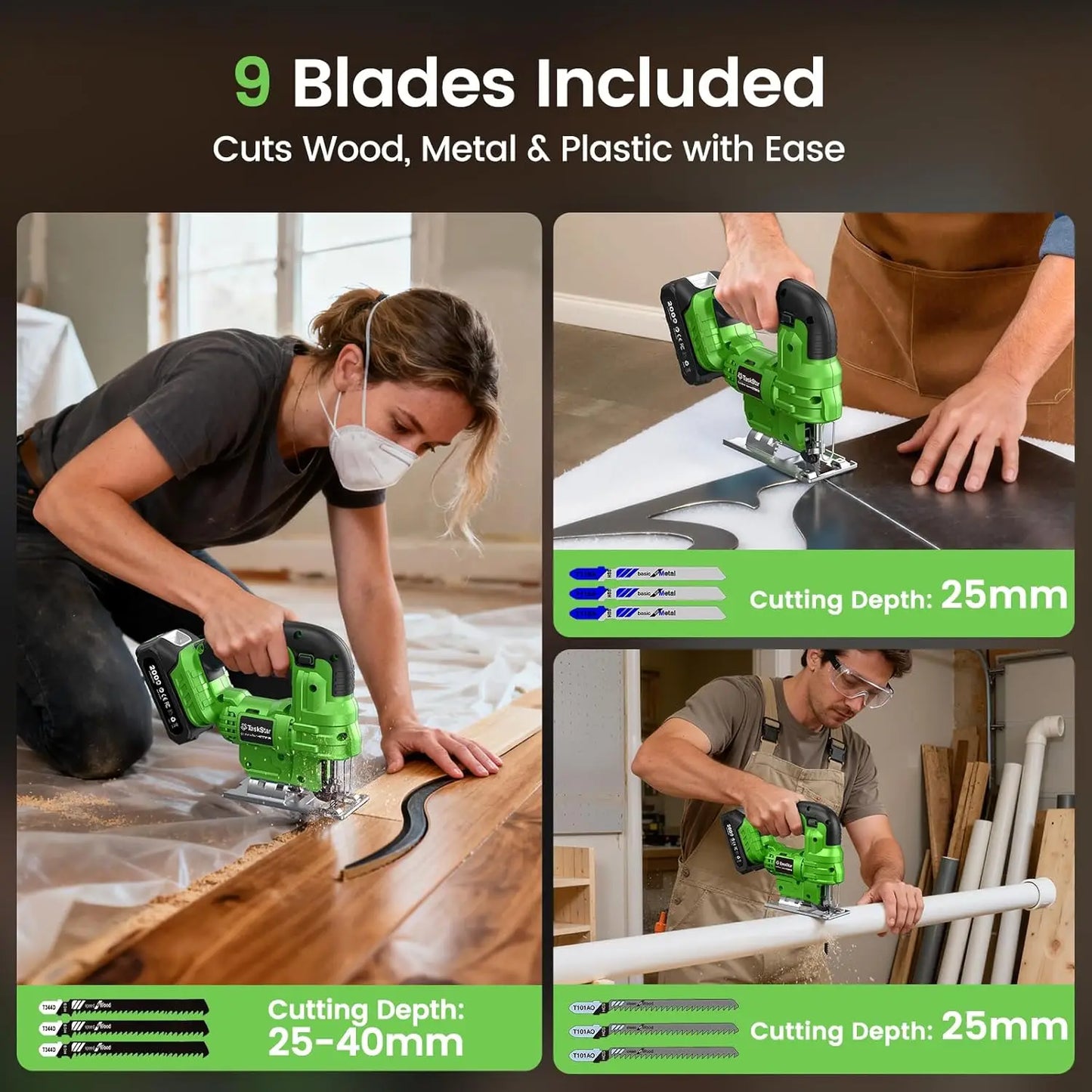 Taskstar Cordless Jig Saw Tool With 2*4.0Ah Batteries Brushless 9 Blades 0–45° Bevel Cutting 4 Orbital Setting Straight Curved Cuts Electric Jigsaw For Makita Battery