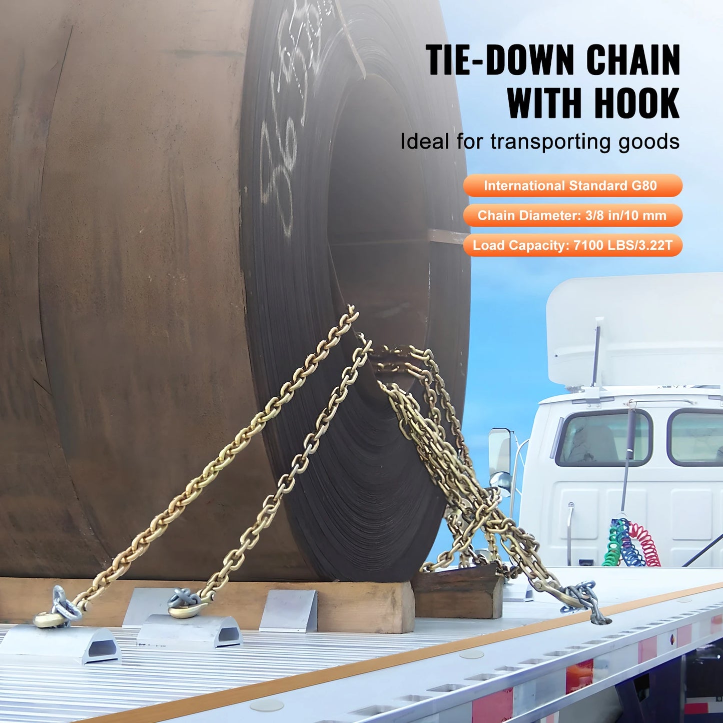 SucceBuy 2-Pack G80 Transport Binder Chain 3/8" 5/16" Tow Chain with Clevis Hook Logging Chain for Towing Truck Tie Down Binding