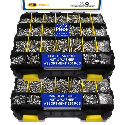 1575 Pcs Nuts and Bolts Assortment Kit, Stainless Steel Phillips Pan Head & Flat Head Screws with Organizer Box