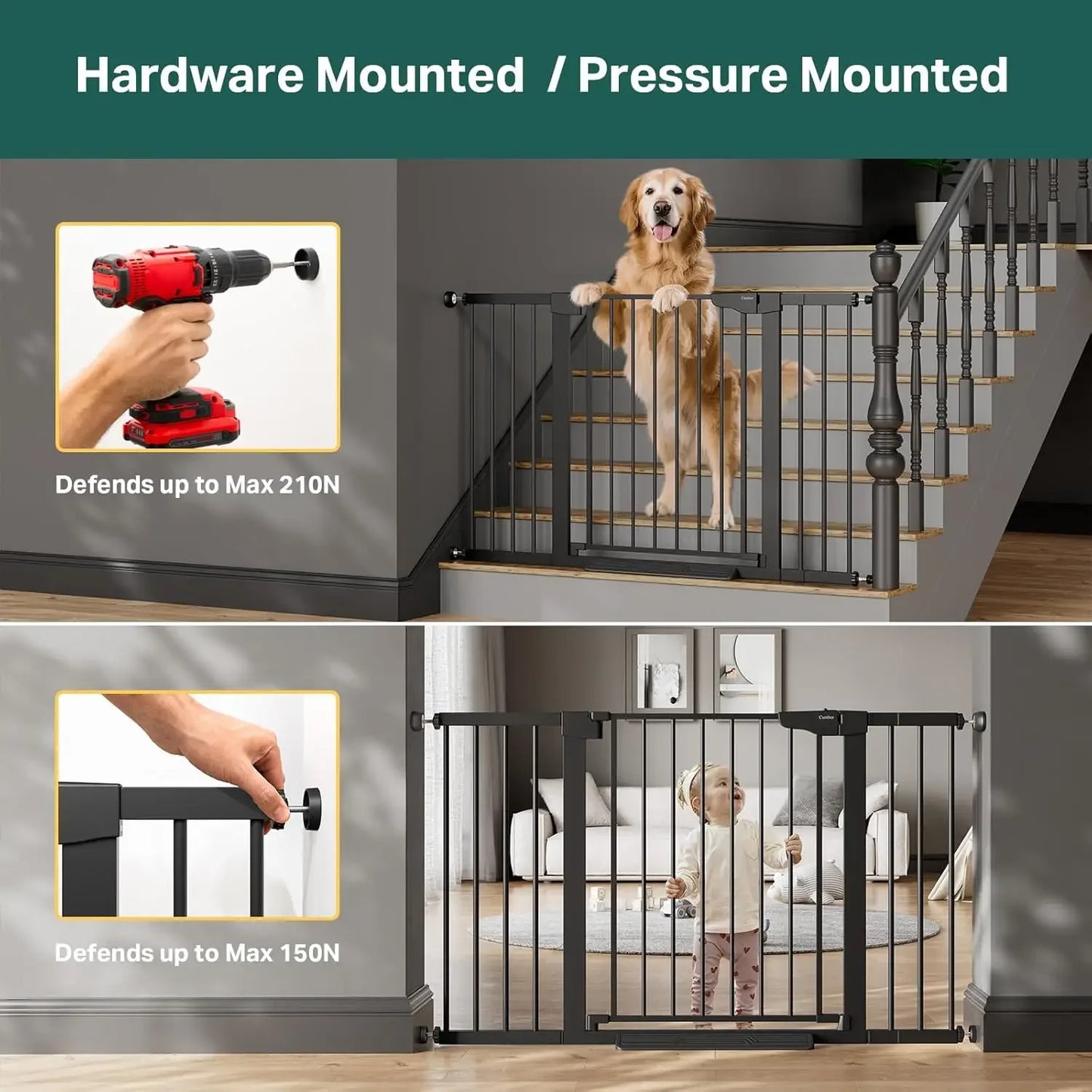 29.7"–51.5" Extra Wide Baby Gate for Stairs, Pressure-Mounted Dog Gates for Doorways & Hallways, Auto-Close Walk-Through, No-Tri