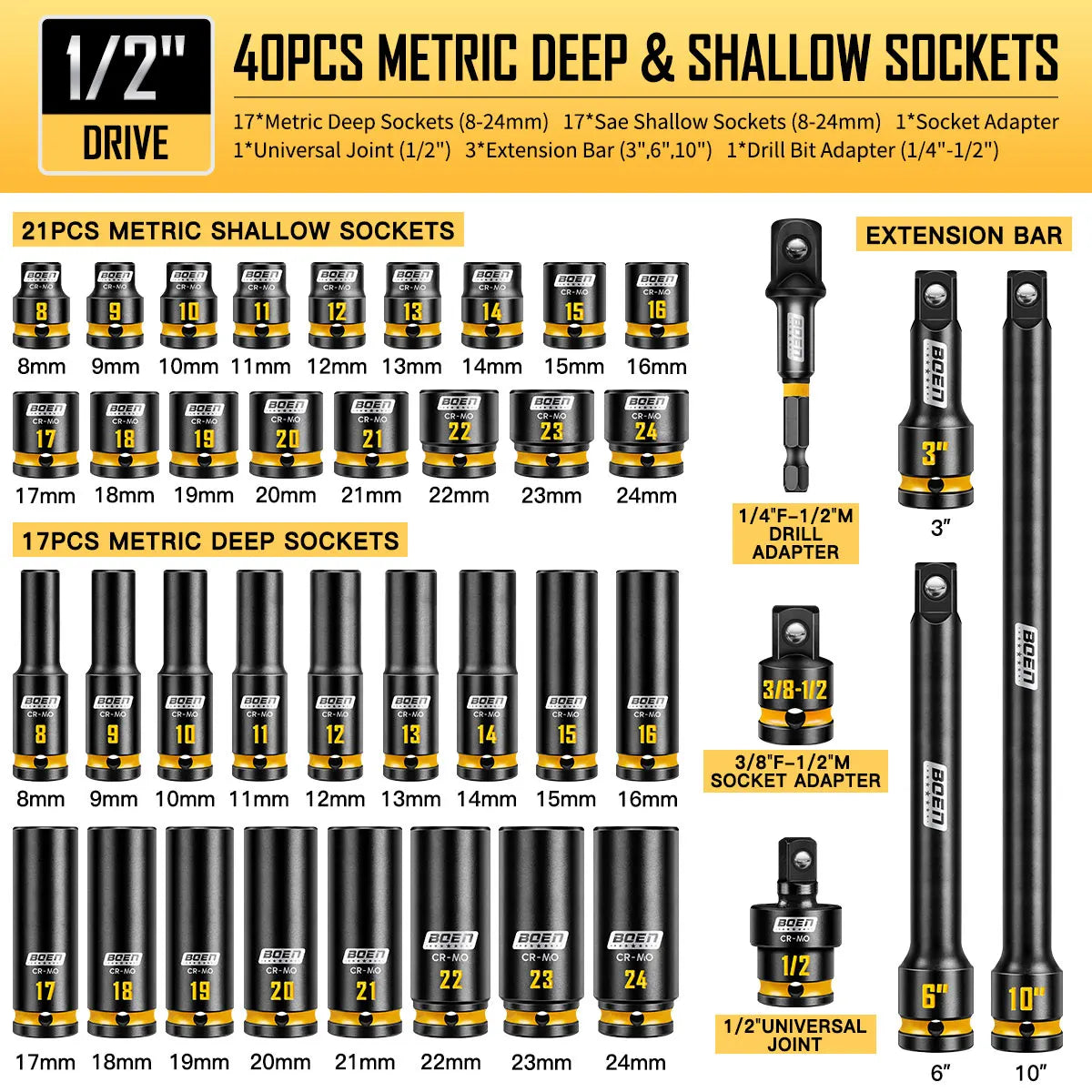 BOEN 40-Pieces 1/2" Drive Impact Socket Set, Metric (8-24mm) Deep & Shallow Socket, 6-Point Design
