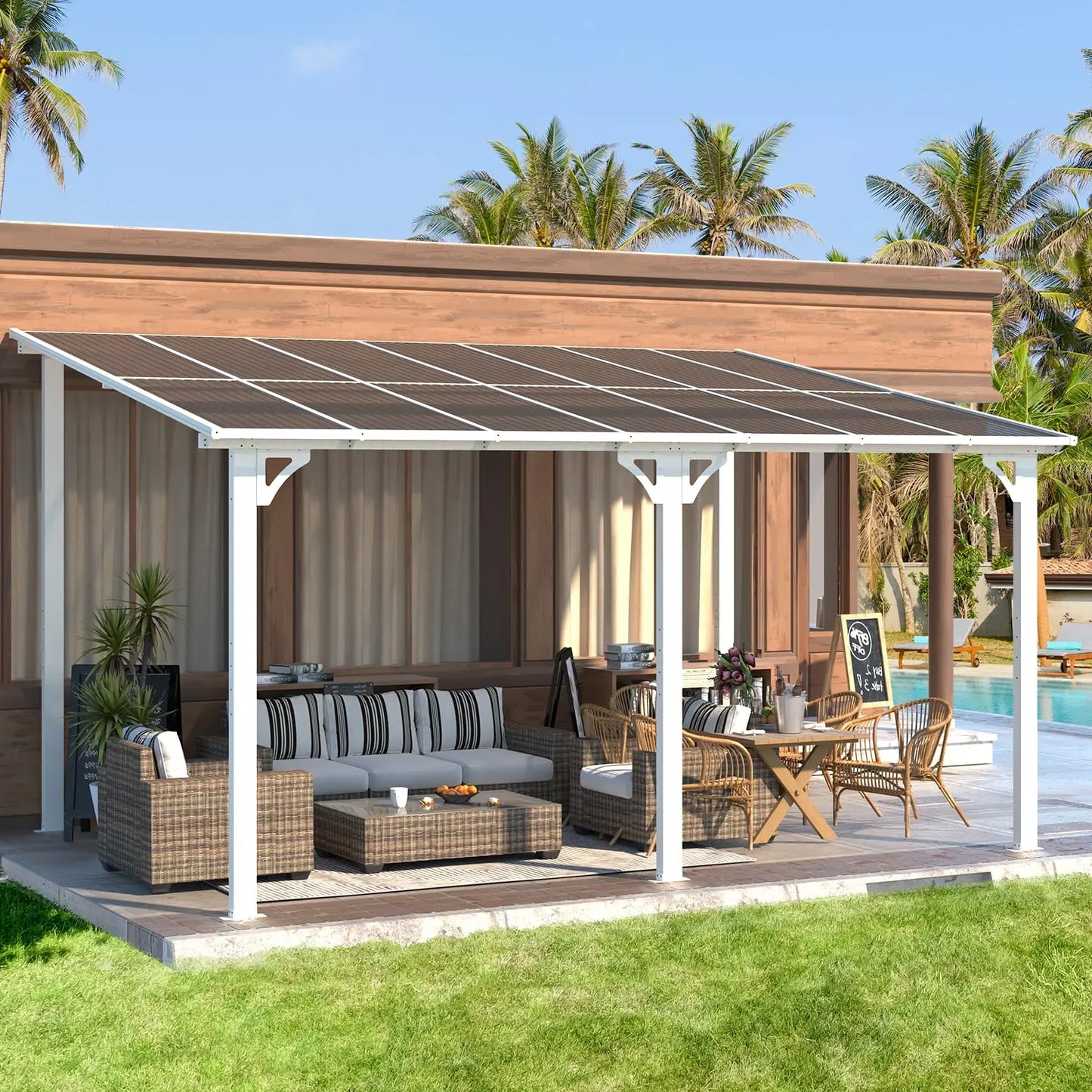 14x10 Hard Top Lean-to Gazebo Pergola with Wall-Mounted Steel Roof 140sqft Shade for Patio Deck Backyard Customized