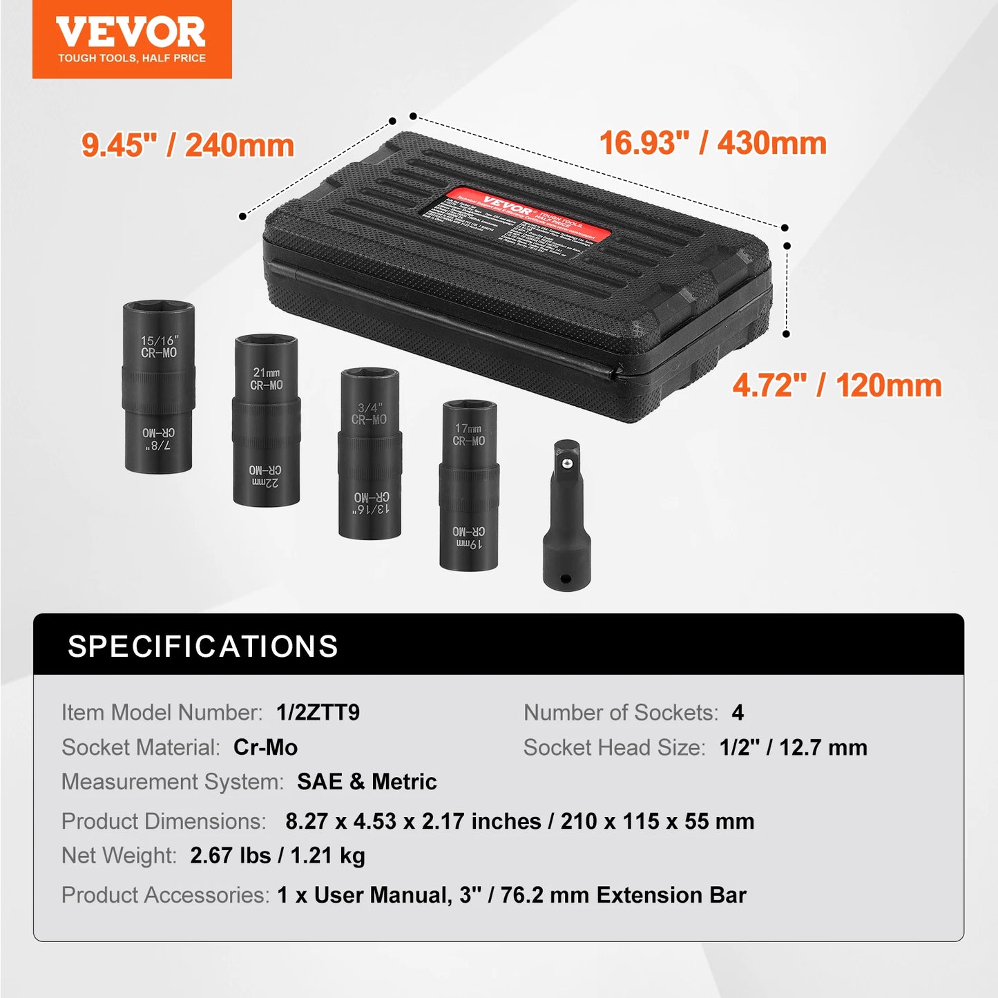 SucceBuy Lug Nut Impact Socket Set 1/2 in Drive Metric SAE 6-Point Flip Socket Set 4 Total Lug Nut Sizes CR-MO Wheel Socket Set