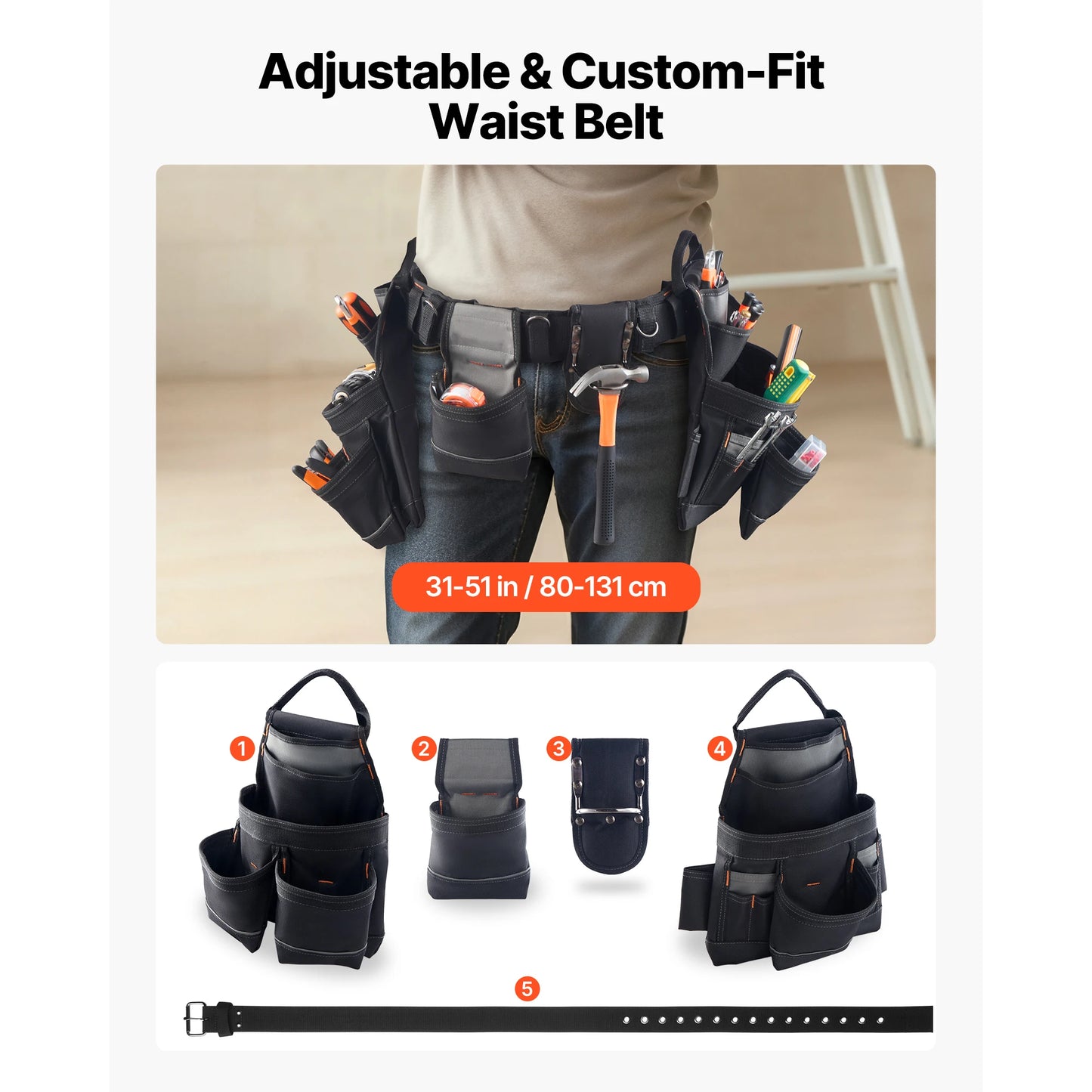 SucceBuy 18 Pockets Tool Belt 31-51in Adjustable Utility Tool Pouch Detachable Work Bag for Electrician Apron Tools Organizer
