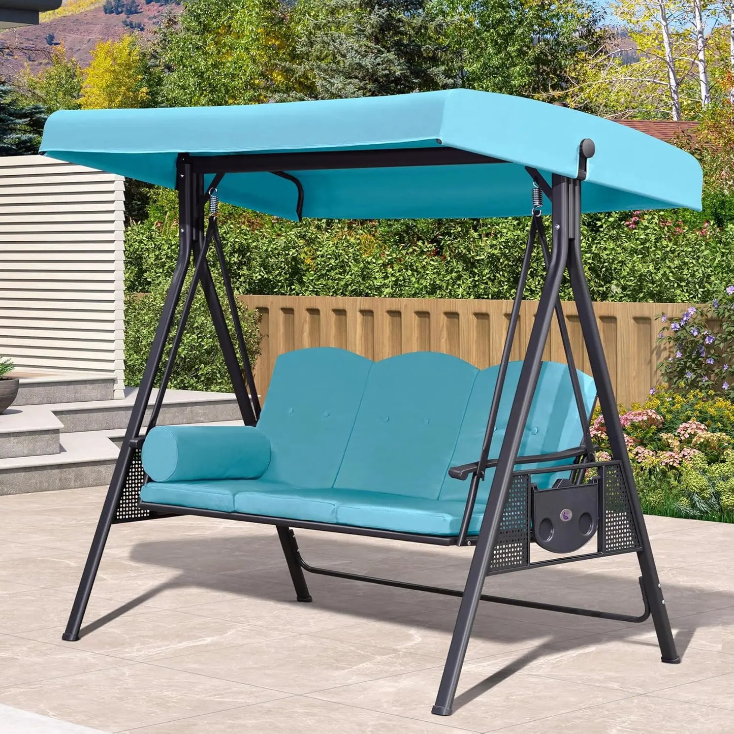 Adjustable Canopy 3-Seat Outdoor Porch Swing Chair Bench with Cup Holder Cushion Pillow for Patio Backyard Lawn, Custom