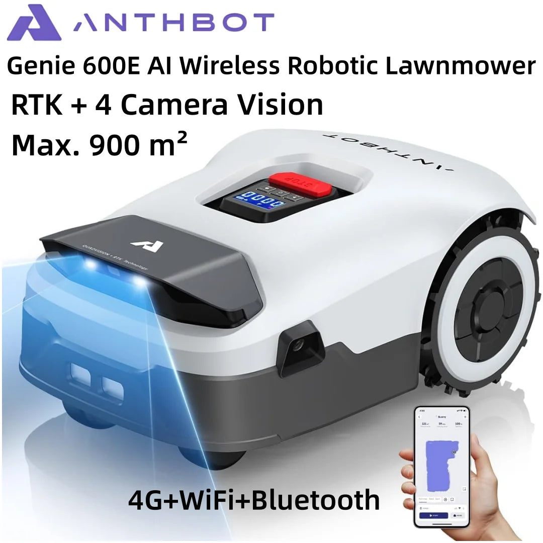 ANTHBOT Genie 600E(4G) AI Wireless Robotic Lawnmower, Max. 900 m², RTK + 4 Camera Vision Lawn Mower Robot, 4G+WiFi+Bluetooth