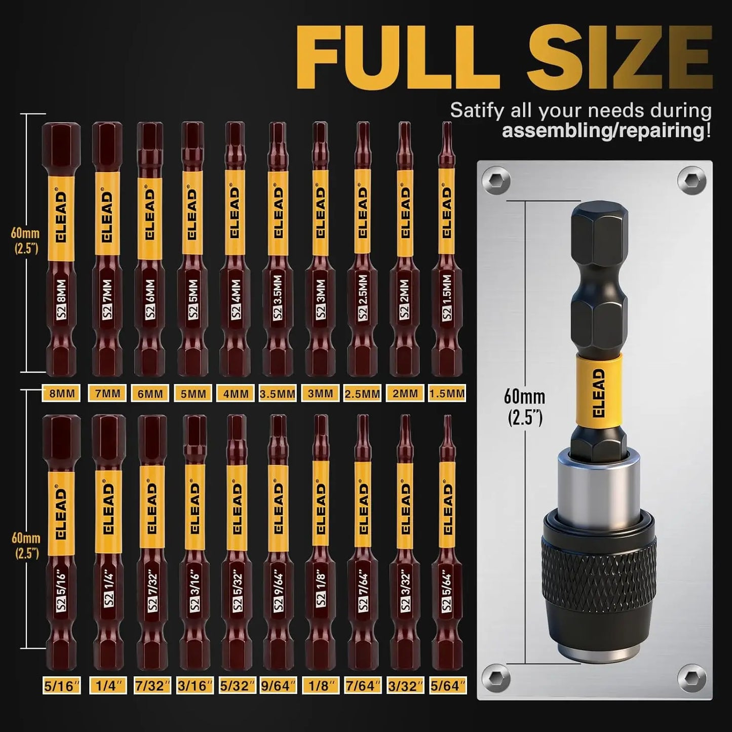 21-Piece 2.5" Allen-Wrench Hex Drill Bit Set, Durable Impact Key, Strong Magnetic Screwdriver Bits for SAE & Metric DIY Repairs