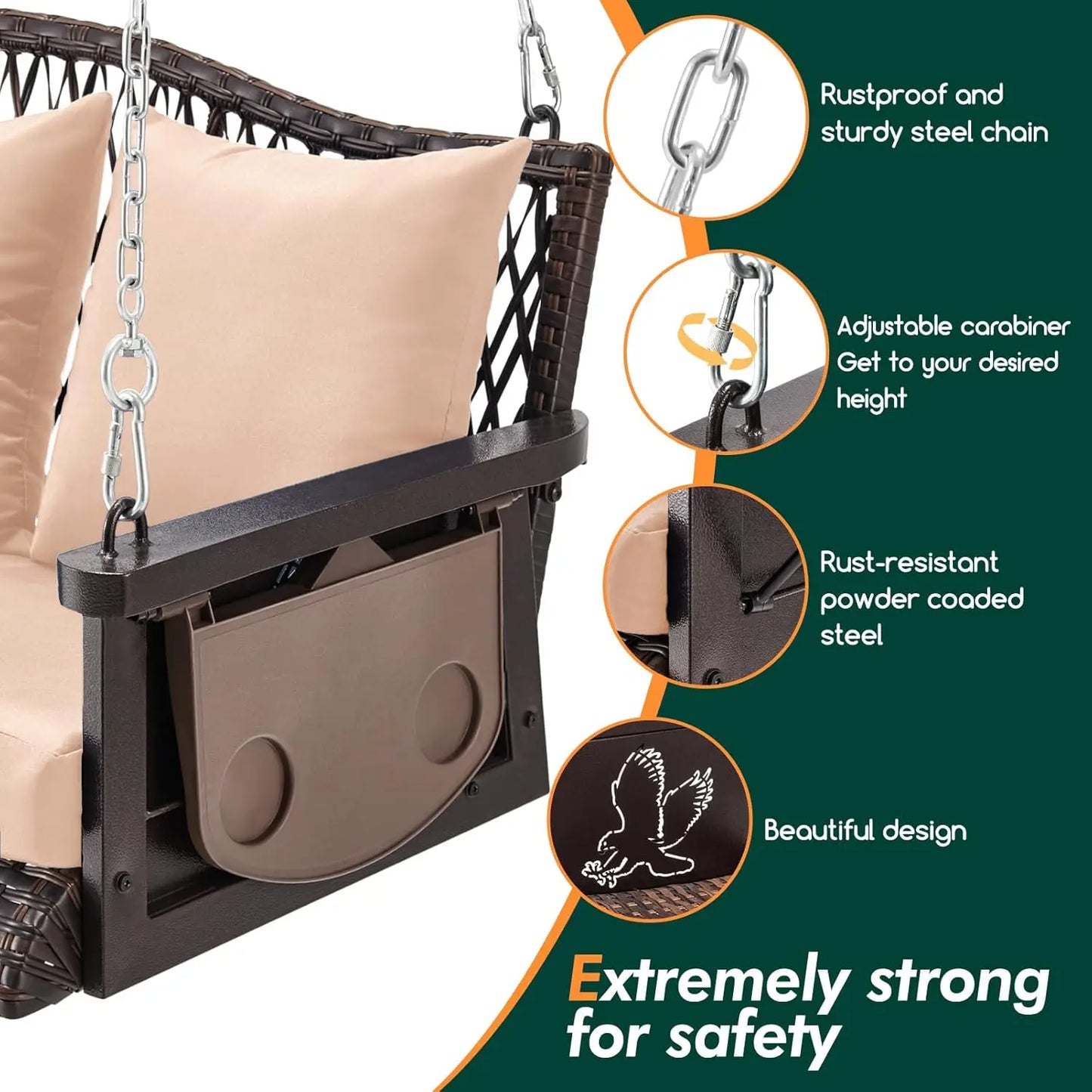 Upgraded Wicker Hanging Porch Swing Heavy Duty 900lbs 3-Seat Outdoor Patio Swing Chair Bench for Adult w/ 8.9ft, Customized