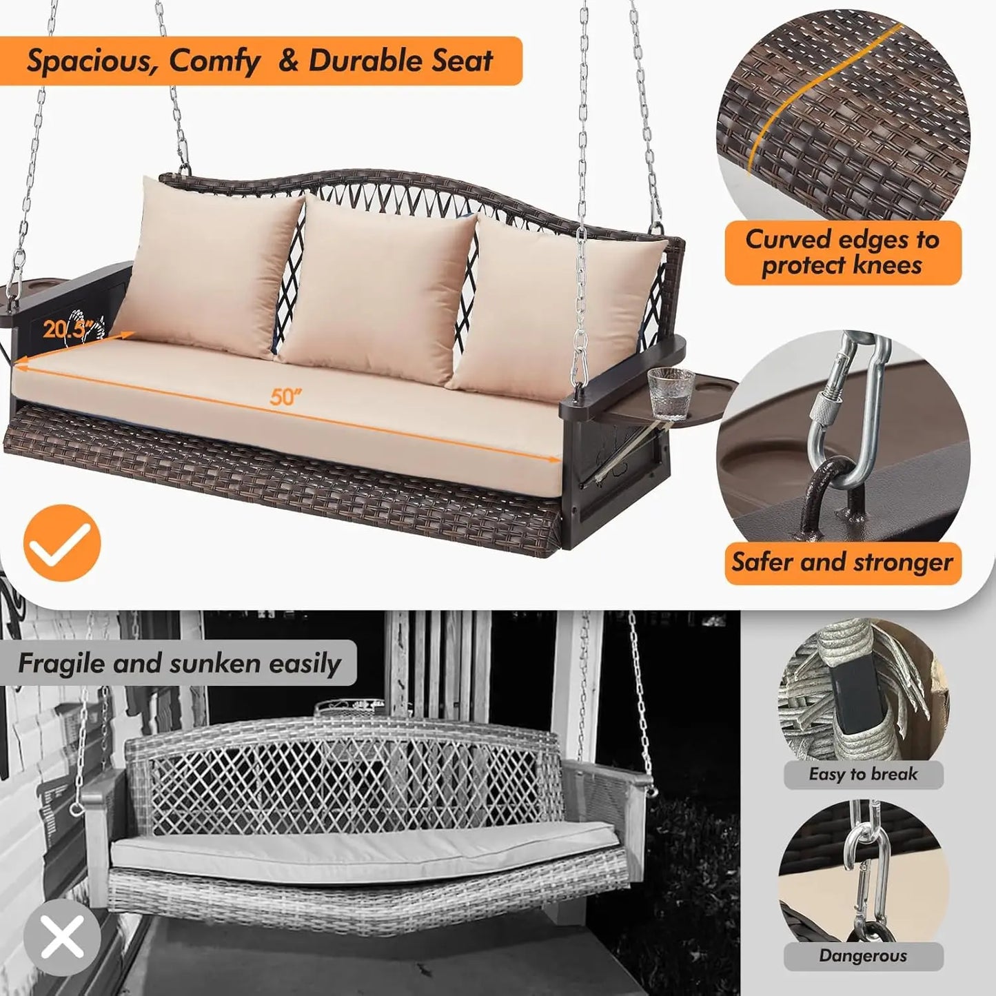 Upgraded Wicker Hanging Porch Swing Heavy Duty 900lbs 3-Seat Outdoor Patio Swing Chair Bench for Adult w/ 8.9ft, Customized