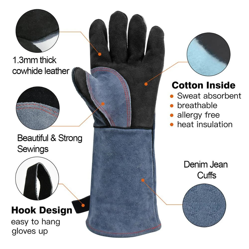 16 Inch Welding Gloves For Welder Work Gloves Thick Cow Split Leather Heat Resistant Oven BBQ Gloves For Grill Heat Insulation
