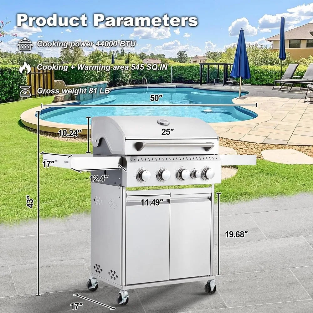 Stainless Steel 4 Burner BBQ Propane Gas Grill with Cast Iron Grates & Side Stove, Stainless Steel 44000 BTU Burner Barbecue Gr