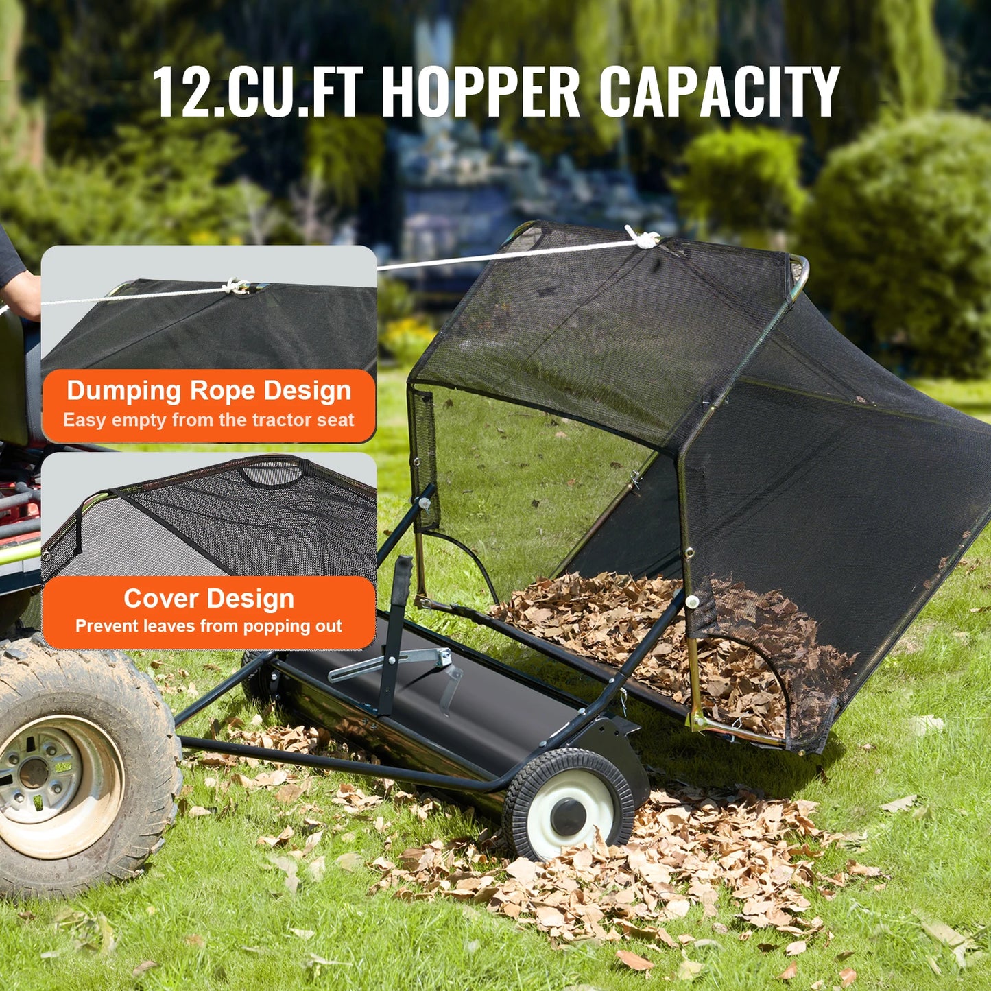 SucceBuy Lawn Sweeper Tow Behind Large Pull Behind Grass Sweeper with Dump Rope Adjustable Sweeping Height for Picking Up Grass