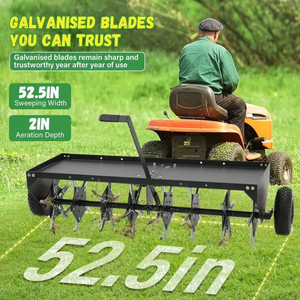 52Inch Tow Behind Lawn Plug Aerator with Universal Hitch, Lawn Aerator Tow Behind with 40 Galvanised Steel Tines,Tray and Infla