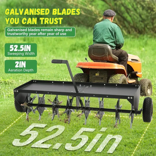 52Inch Tow Behind Lawn Plug Aerator with Universal Hitch, Lawn Aerator Tow Behind with 40 Galvanised Steel Tines,Tray and Infla