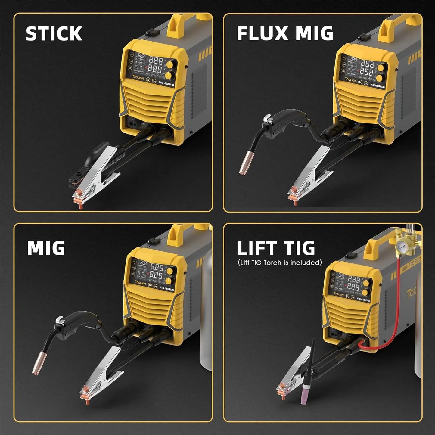 4 in 1 MIG Welder 180A Gas MIG Flux MIG Stick Lift TIG Multiprocess Welding Machine 110V 220V Welder Kit with Lift TIG Torch