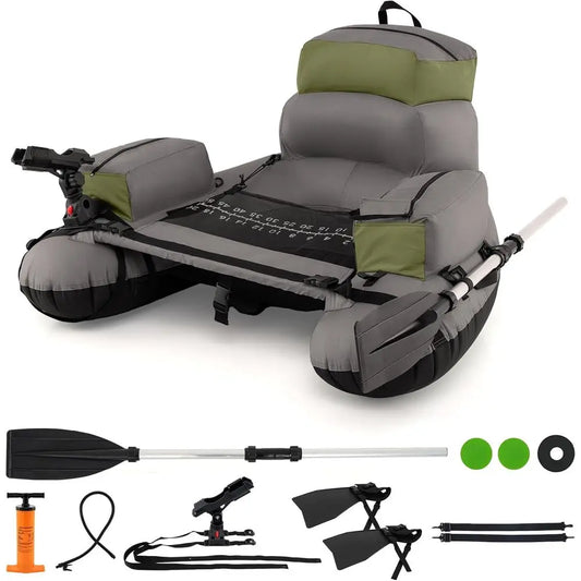 Inflatable Belly Boat with Oar, Flippers, Rod Holder, Fish Ruler, Hand Pump & Zipper Storage, Portable Backpack Float Tubes for