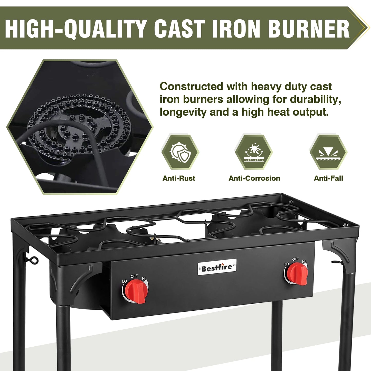 BESTFIRE 2 Burner Camping Stove 150000 BTU High Pressure Outdoor Propane Grill With 4ft 20 PSI Regulator Hose Removable Legs for Backyard Cooking BBQ Picnic Tailgate
