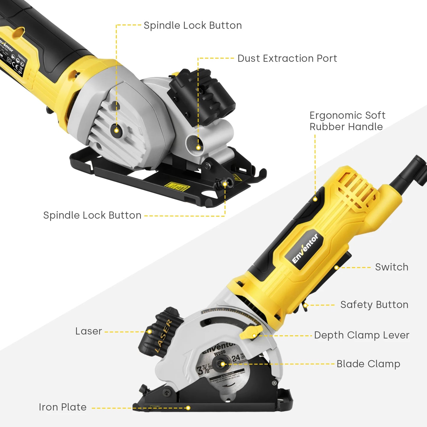 Enventor Mini Circular Saw 580W Motor Electric Circular Saw With 3 Saw Blades 4000RPM Cutting Depth 27mm for Wood Cutting