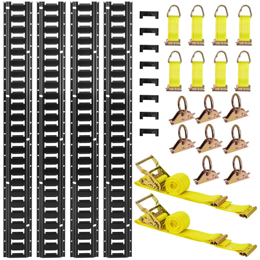SucceBuy 4 Pack 7.7 ft E-Track Tie-Down Rail Kit 26 Pcs Includes Ratchet Straps & O-Rings & Tie-Offs & End Caps Fit for Garages
