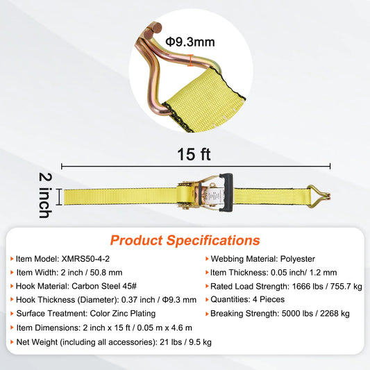 SucceBuy 4pcs Ratchet Tie Down Strap Strong Double J Hook Ratchet Belt Luggage Bag Cargo Lashing for Moving Appliances
