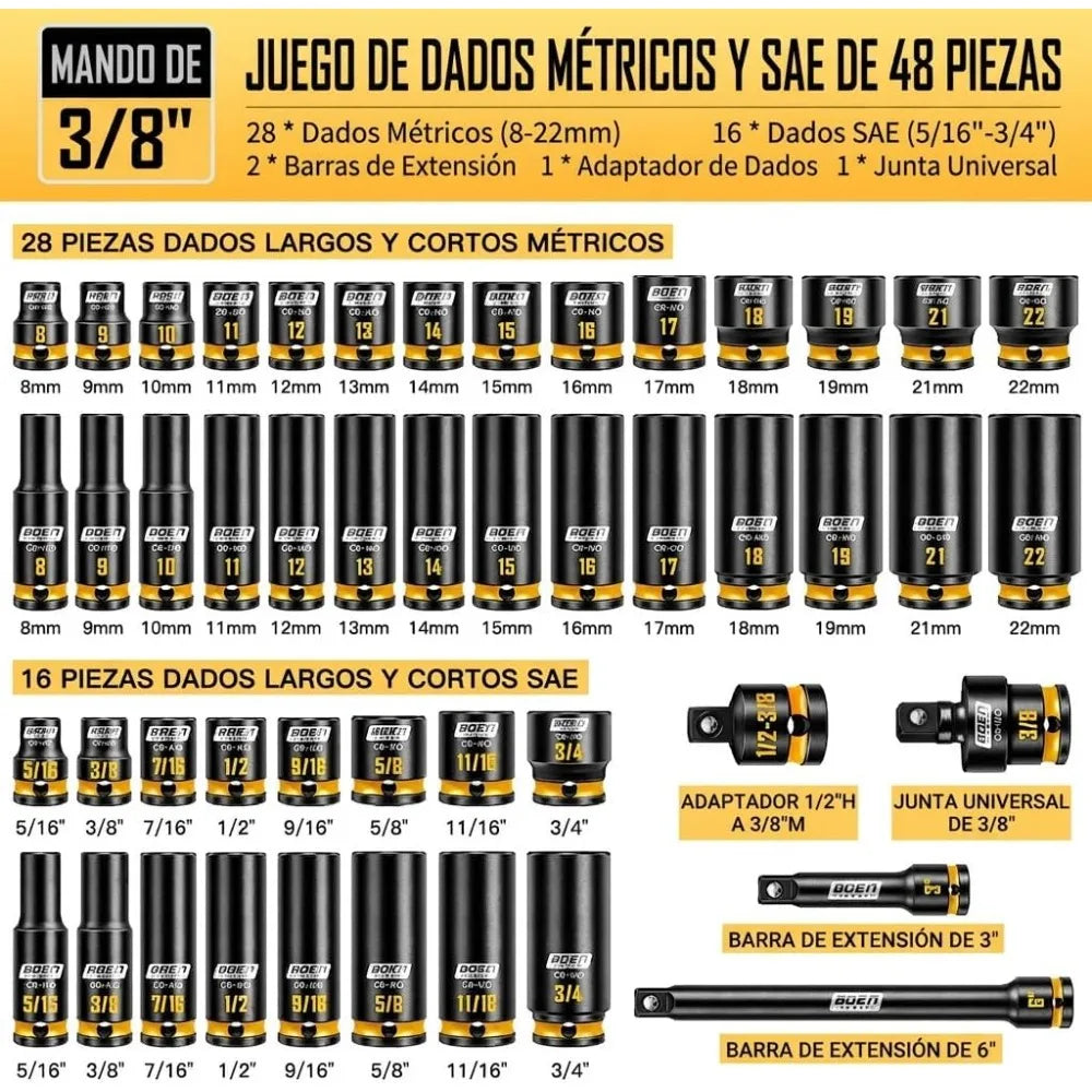 3/8' Drive Impact Socket Set, 48-Piece Metric & SAE Size (8-22mm & 5/16'-3/4'), 6-Point Deep