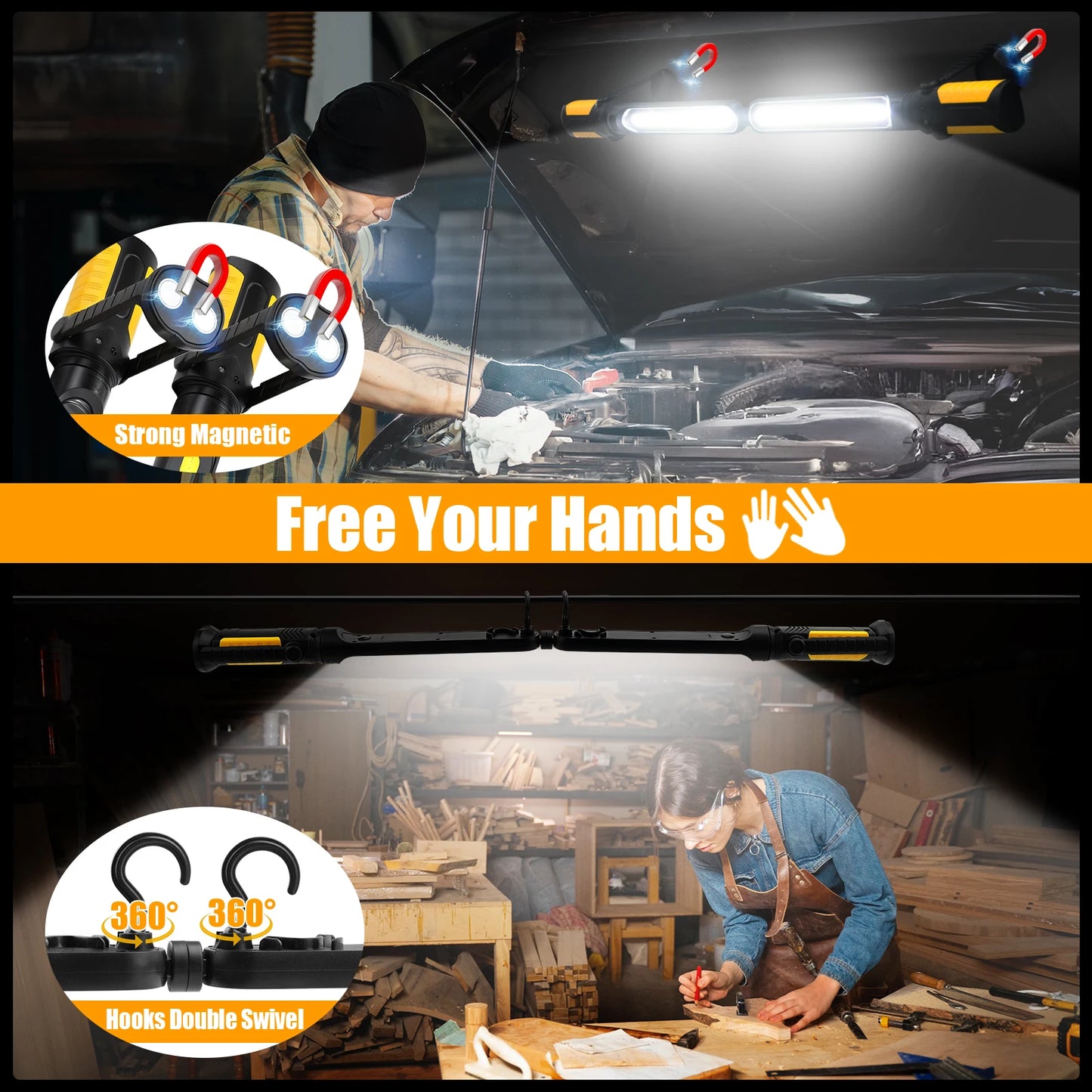 Mechanic LED Work Light Bar - 2400LM LED, 4400mAh Rechargeable with Hooks Magnetic Base for Car Repairing