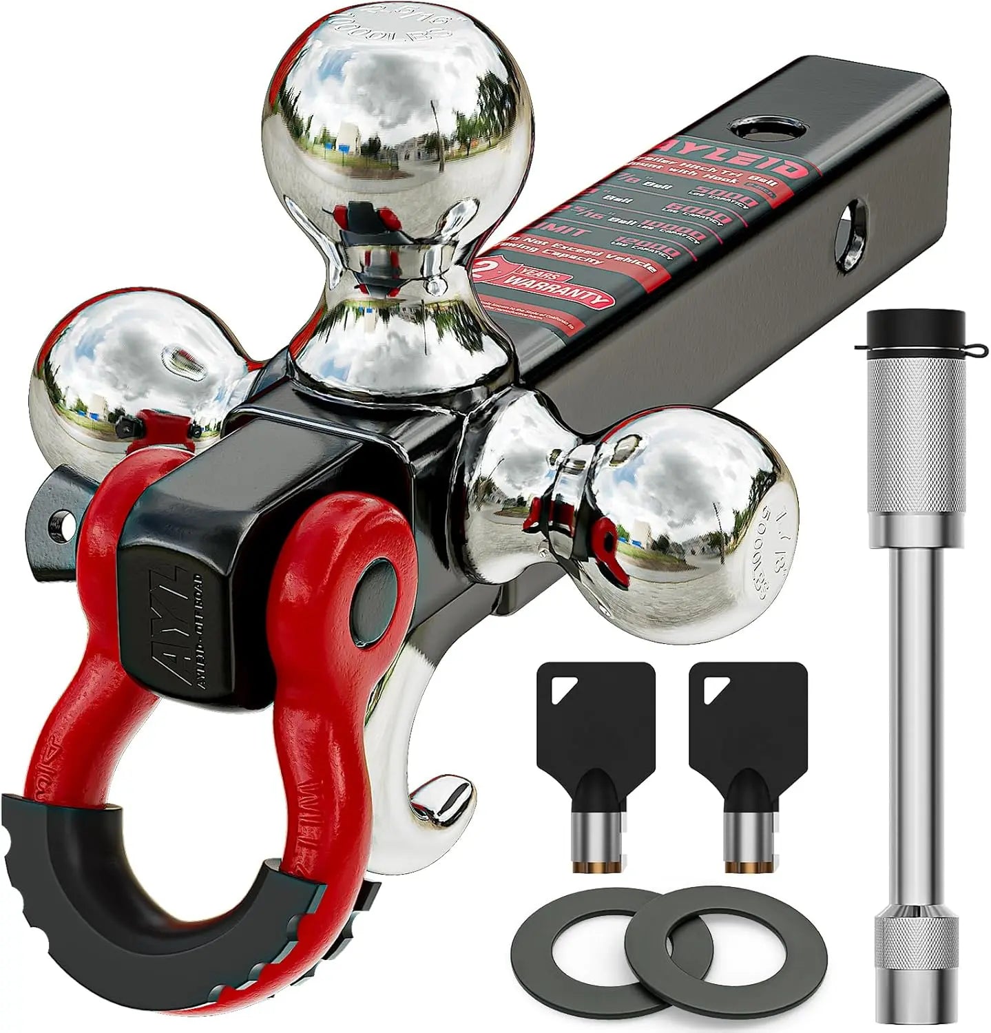 Tri-Ball Trailer Hitch Mount with Hook, Pin & Rotatable Shackle for 2-In Receiver, 1-7/8, 2, 2-5/16 Hitch Balls with Anti-Theft