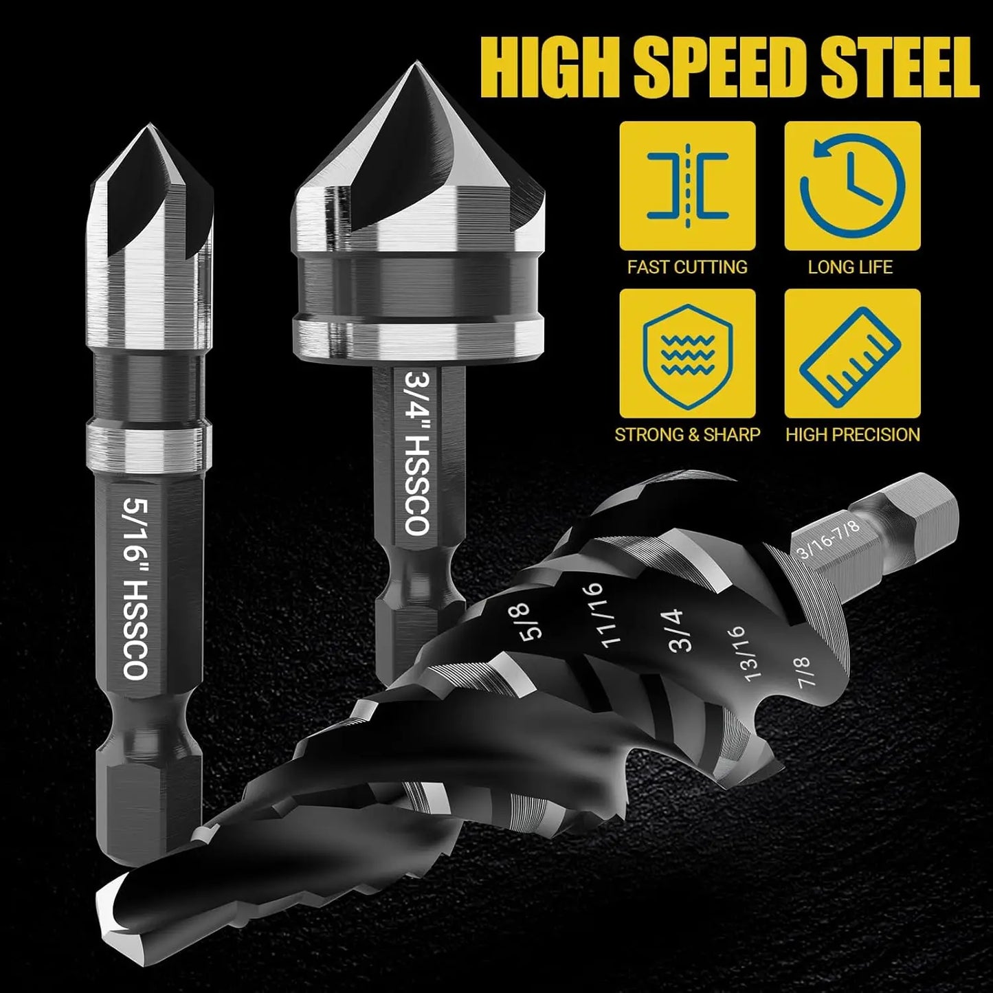 5-Piece Spiral Flute Step Drill Bit Set & 6-Piece Countersink Bits with Tool Box, HSS for Metal, Wood, Plastic