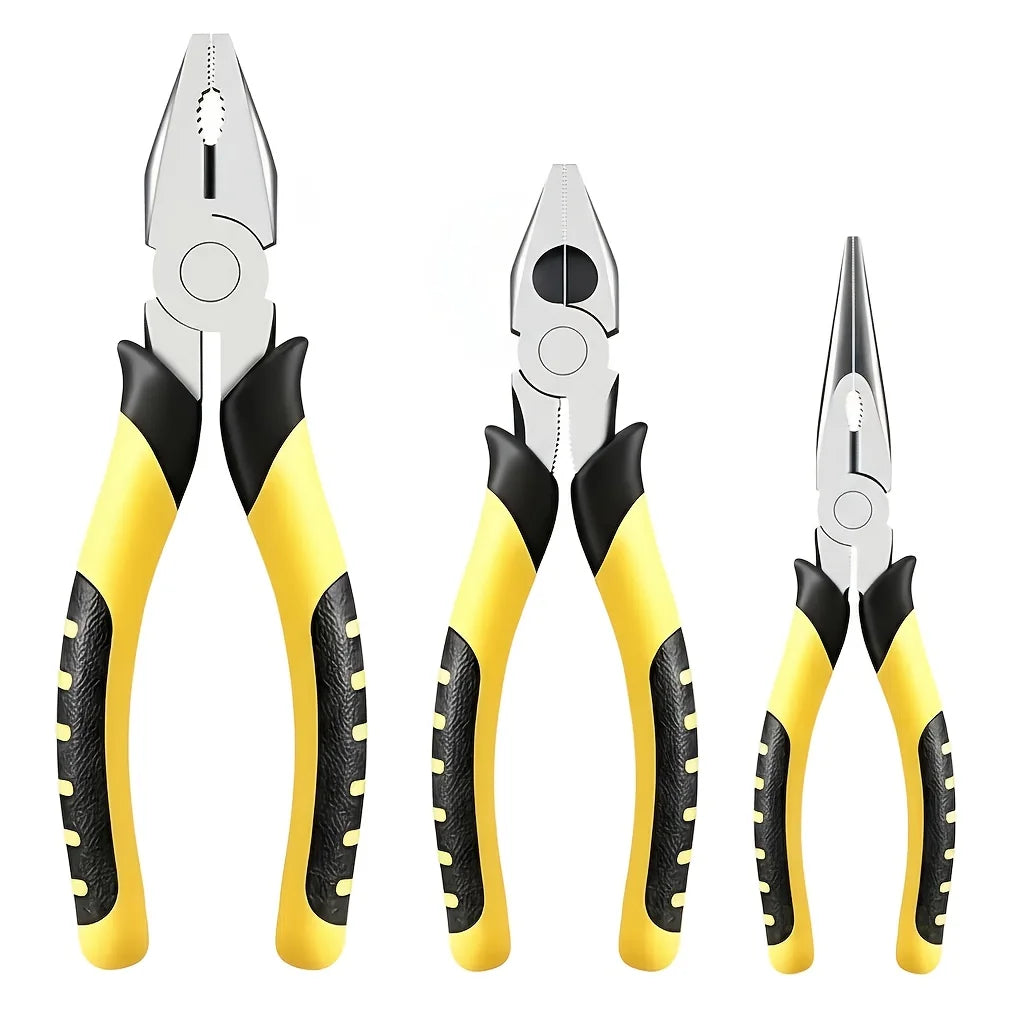 Set of 3 Pliers, 8 Inches Each, Designed for Industrial Use. These Versatile Tools Include Wire Cutters, Needle-Nose Pliers, And
