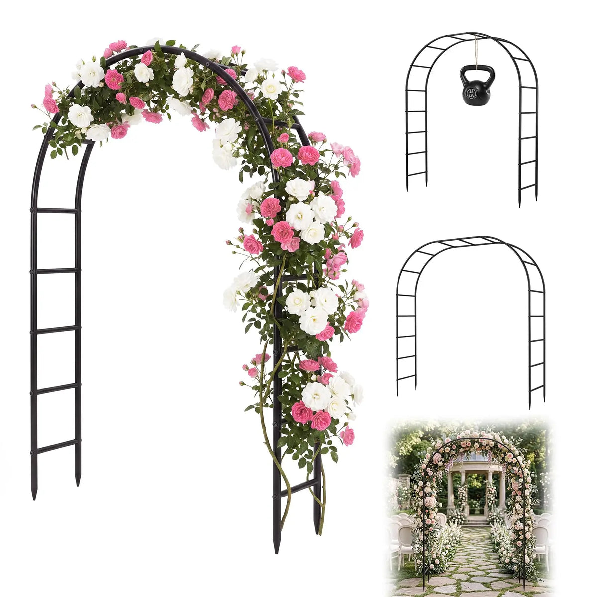 7.3FT Heavy Duty Garden Arch Arbor Trellis, 13mm Thick Steel Climbing Plant Support For Wedding Lawn Patio Party Flower Decor