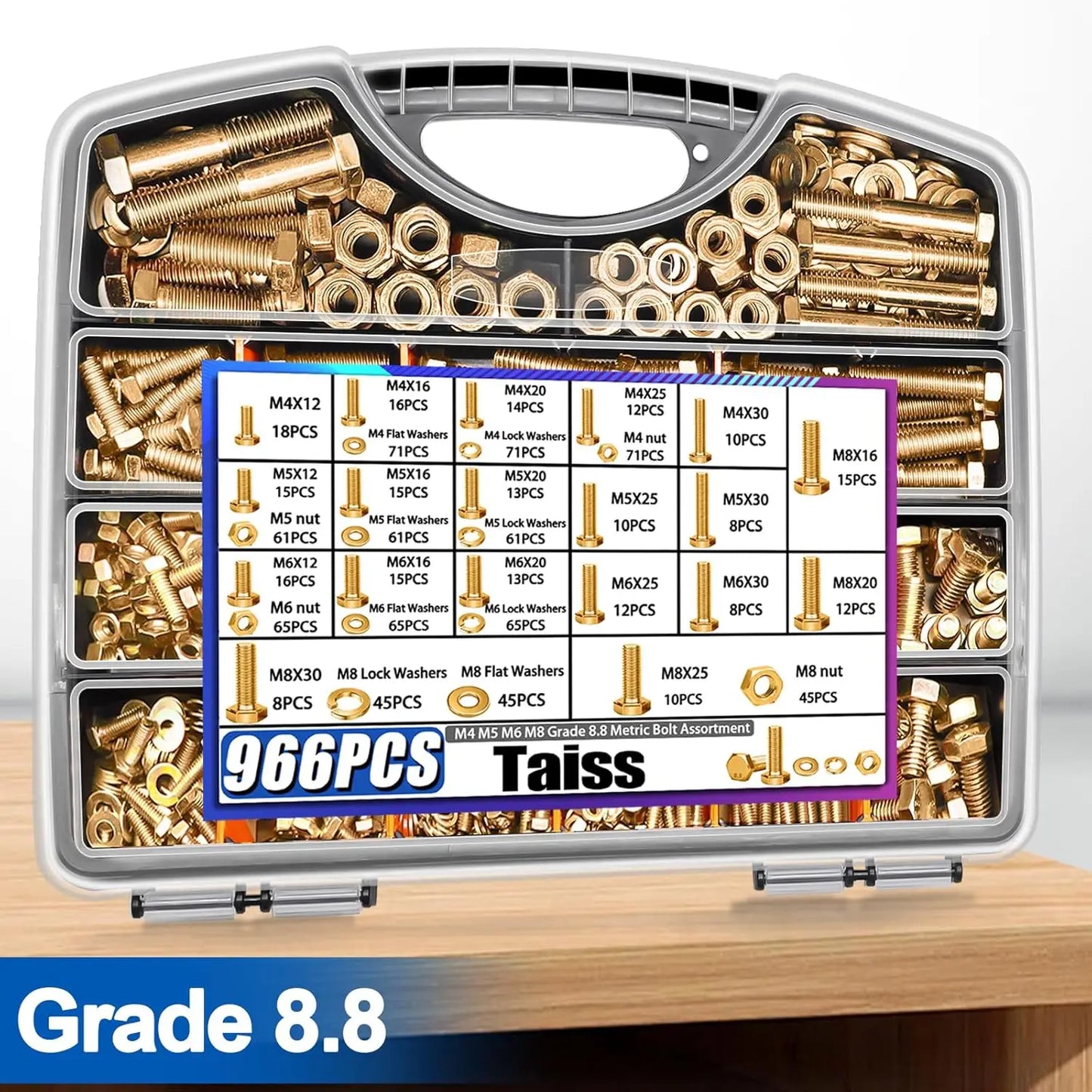 Grade 8.8 Metric Bolt Assortment Kit, 966Pcs M4 M5 M6 M8 Bolts and Nuts with Washers, Heavy Duty Hex Bolts Set with Handheld Box