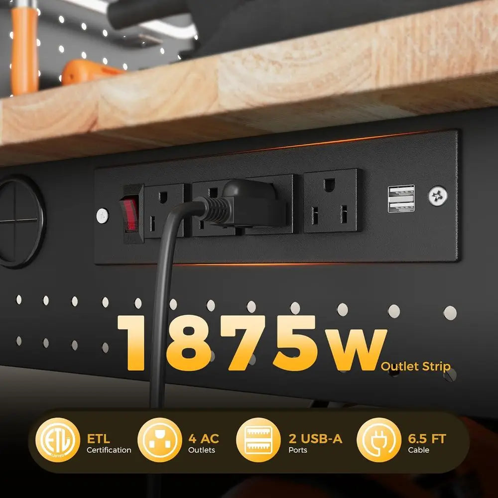 Adjustable Height 60 Workbench with Storage, Heavy Duty Rubberwood Top, LED Light, Power Strip for Workshops and Garages