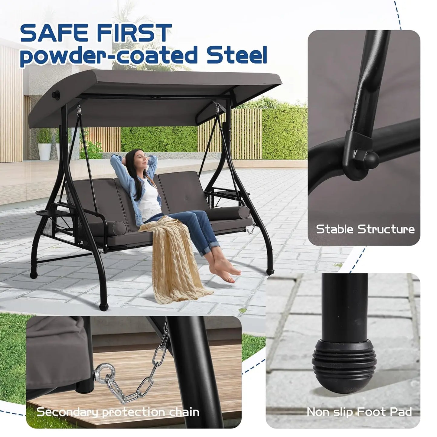 3-Seat Outdoor Porch Swing with Adjustable Canopy, Convertible Swings Bed with Stand, Patio Glider with Cushion, Customized